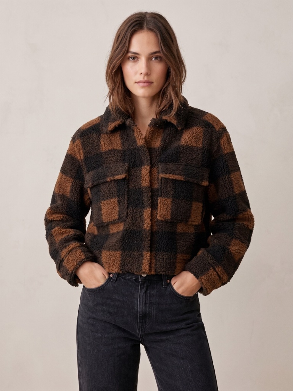 H&M Divided Cropped Plaid Sherpa Teddy Jacket Brown Black Medium